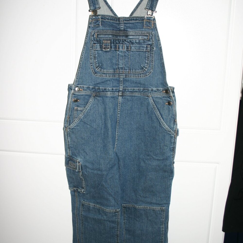 Duluth Trading Co. Flex Denim Bib Overalls. Double Knee with pad pockets. Mx29.